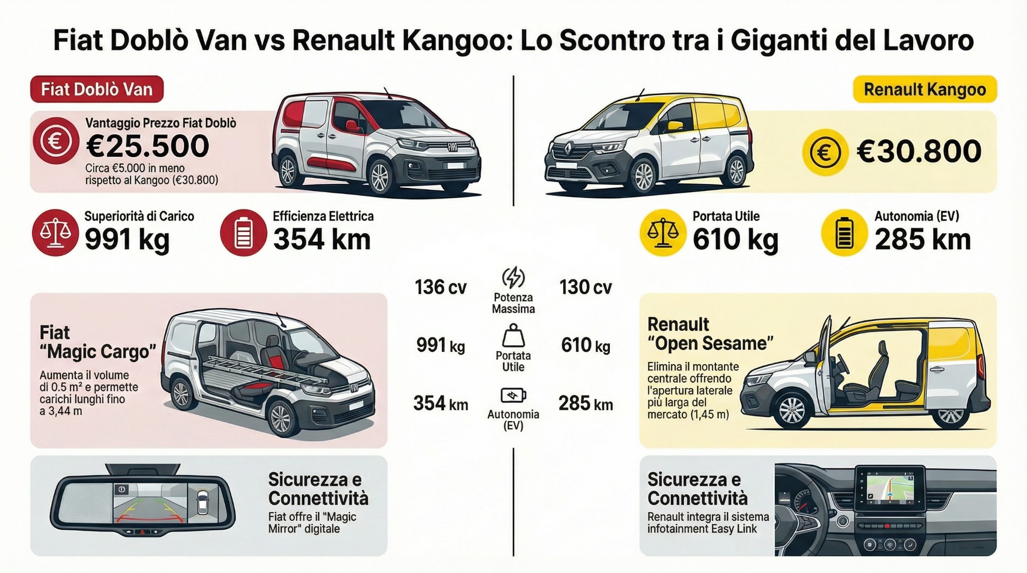 Infografica confronto Fiat Doblò Van vs Renault Kangoo 2025: prezzi, portata, autonomia elettrica, Magic Cargo e Open Sesame